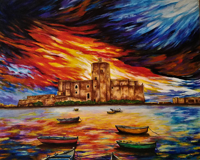 Colombaia (architecture) architecture art artist boats colombaia color drawing illustration impressionism italy landscape painting realism sea and sky sunset