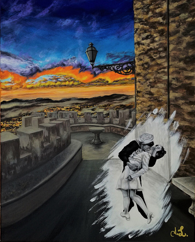 Erice in love (acrylic painting) art artist color couple drawing erice illustration italy kiss landscape love marine nurse painting realism sun and sky sunset