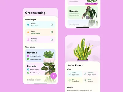 Plant care Flutter app app flutter illustration illustrations mentalstack mobile mobile design pink pink app pinkapp plant plant care plant illustration plantcare plants tracker ui uiux ux