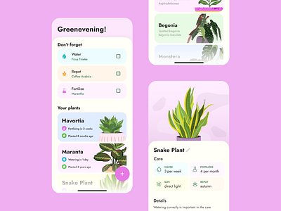 Plant care Flutter app app flutter illustration illustrations mentalstack mobile mobile design pink pink app pinkapp plant plant care plant illustration plantcare plants tracker ui uiux ux