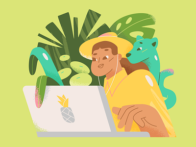 Jungle adventure character design computer education girl guide hand illustration jungle laptop nature panther pineapple plants texture typing woman