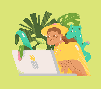 Jungle adventure character design computer education girl guide hand illustration jungle laptop nature panther pineapple plants texture typing woman