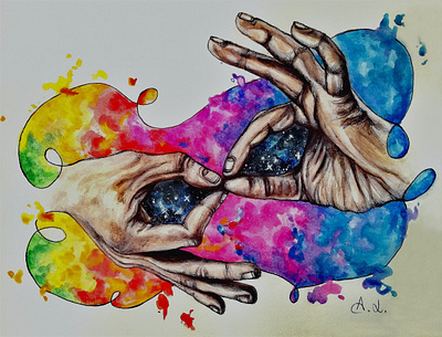 Infinity (watercolor painting) anatomy art artist color drawing galaxy hands illustration infinity painting realism sign stars