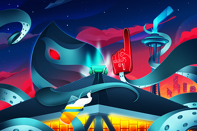 Seattle Met Cover - Seattle Kraken architecture climate pledge arena cody muir editorial grain hockey illustration key arena kraken magicmuir nhl northwest pnw seattle space needle sports squid vector