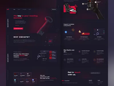 Website landing page for Escape Notify reselling service bot branding dark theme escape gradient background gradients graphic design key landing landing page red reselling sneaker bot web web design website white