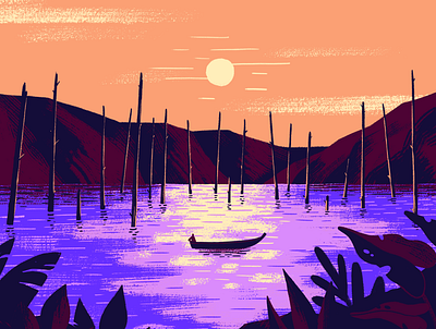 Postcards from Suriname amazon boat illustration nature orange photoshop procreate purple rain forest sunset trees tropical water