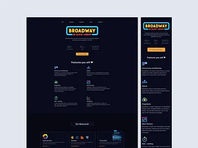 Broadway Desktop and Mobile Design broadway cyberpunk dark dark theme dashbit dribbble elixir erlang guithub landing page library logo minimal neon neon design nepal repository website design
