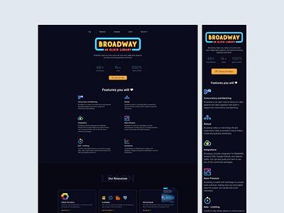 Broadway Desktop and Mobile Design broadway cyberpunk dark dark theme dashbit dribbble elixir erlang guithub landing page library logo minimal neon neon design nepal repository website design