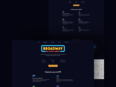 Broadway Website Showcase broadway cyberpunk dark dark theme dashbit design dribbble elixir erlang github landing landing page library logo minimal neon neon design nepal repository website design