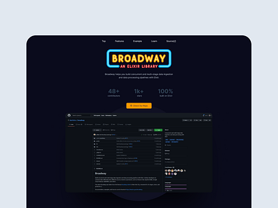 Broadway Hero Section Exploration broadway dark dark theme dashbit design dribbble elixir erlang github library logo minimal neon neon design nepal repository website website design