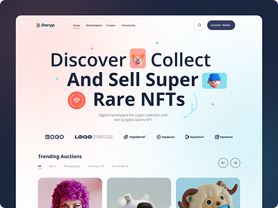 NFT Marketplace Collection Website art blockchain crypto cryptoart design ethereum flatdesign illustration investment landing page logo marketplace nft nft marketplace token trading ui ui design wallet website