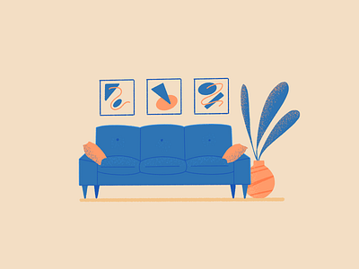 Cosy Sofa Living Room blue colour cusions design flat grain illustration living room illustration orange pink plant illustration plants process procreate procreate illustration sofa illustration texture