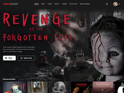 ThrillStream - a horror streaming service above the fold design dolls horror movie streaming movies netflix ui ux web design webdesign