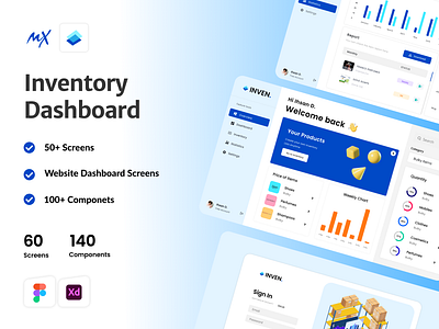 Inventory Dashboard Panel Design admin adobe xd blue color dasboard figma finance inventory item material design products purple selling warehouse