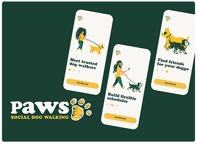 Paws: Social Dog Walking App app brand buttons design dog flat forest green illustration ios login logo onboarding paw product sign up sketch ui walking yellow