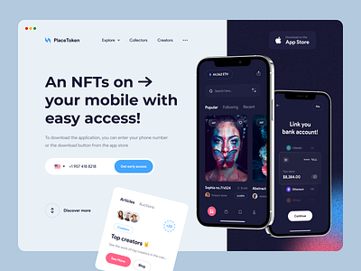 NFT Marketplace Landing Page blockchain clean crypto art crypto website cryptocurrency design ethereum header hero page landing page minimal nft nft landing page platform token ui ux web web design website
