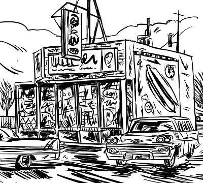 Abandoned City Sketch black and white drawing city drawing digital ink hot dog old cars quick sketch