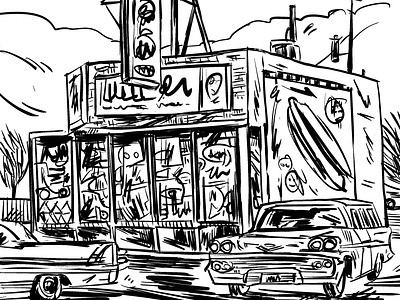Abandoned City Sketch black and white drawing city drawing digital ink hot dog old cars quick sketch