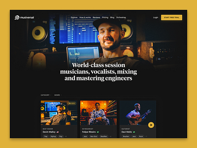 Explore — Musiversal band bookings branding catalogue dark explore marketplace musicians musiversal rebrand recording studio roster sessions typography