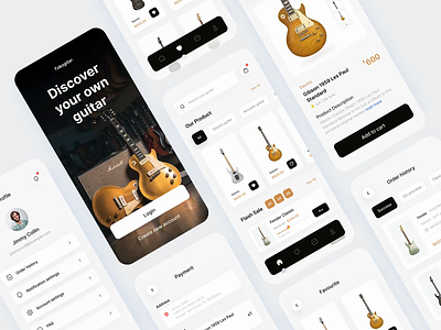 Tokogitar - Mobile Application acoustic animation boutique buy clean e commerce guitar guitar store market marketplace minimalist mobile modern music music store product design sell shop store ui