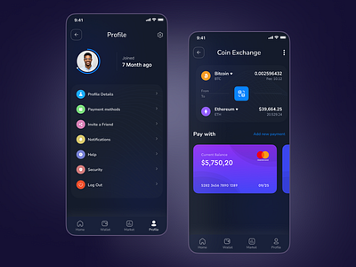 Crypto wallet - Mobile App app design app ui bitcoin crypto crypto app crypto blockchain crypto wallet cryptocurrency dark theme design ethereum financial app interface mobile mobile app mobile ui ui ui ux user interface ux