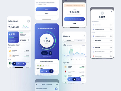 Climate positive blue carbon climate financial fintech footprint history mobile transaction ui ux white