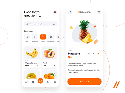 Food Delivery App animation app delivery delivery app design food food delivery fruit mobile mvp online orange order purrweb react native search startup ui ux vegetables