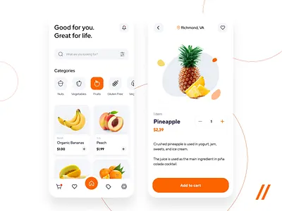Food Delivery App animation app delivery delivery app design food food delivery fruit mobile mvp online orange order purrweb react native search startup ui ux vegetables