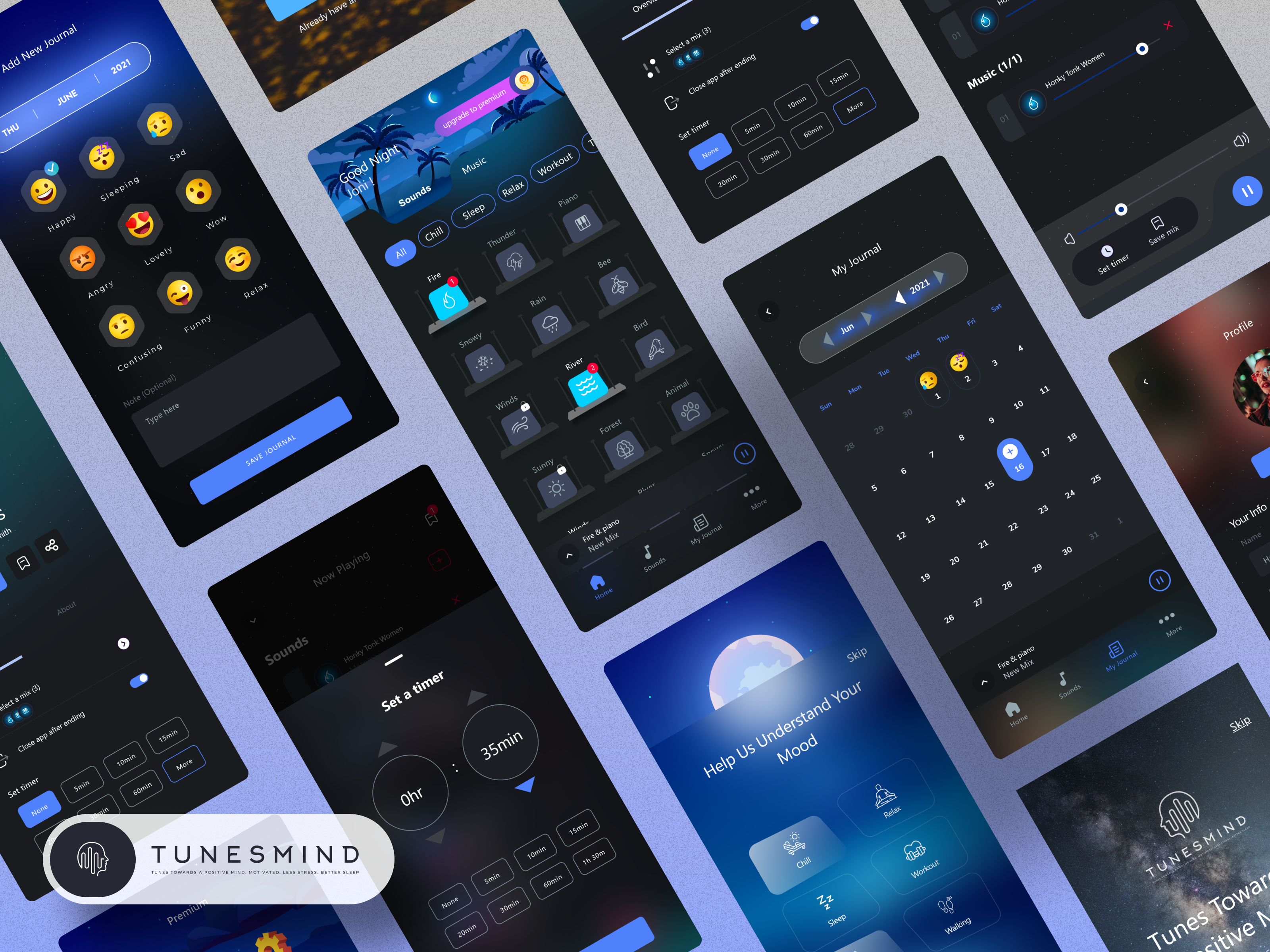 Tunesmind App ━⬤─── Sleep-Sounds background sounds dark journal loop melodies mix mood music combination music player night relax sleep song sounds workout