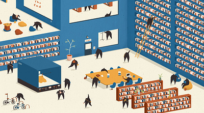 Libraries blue books character colour editorial editorial illustration free fun illustration interior illustration isometric libraries magazine naperville people public