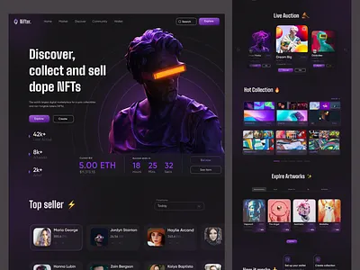Nifter - NFT Marketplace Website bitcoin crypto art dark eth figma landing page marketplace nft crypto ethereum nft art noise token token nft cryptocurrency ui ui design ux web design website