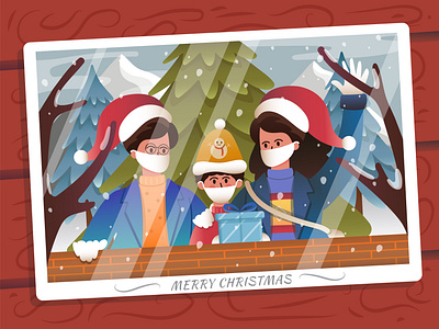 Winter Wonderland with Family art background branch cartoon christmas christmas tree colorful design family happy illustration merry xmas people photo photocard snow table tree wood xmas