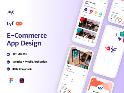 Elegant UI kit for LYF Application ads app design application ecommerce graphic design lyf new soft design purple shoping