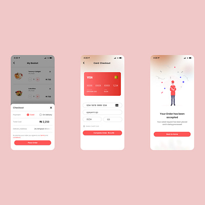 Checkout screens for a food delivery app. app design typography ui