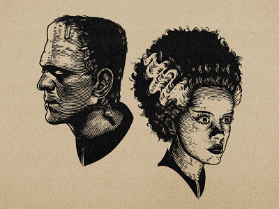 Frankenstein's Monster and his Bride. art prints block prints bride of frankenstein classic horror creepy for sale frankenstein frankensteins bride frankensteins monster halloween illustration lino print monster portrait spooky universal classic vintage horror