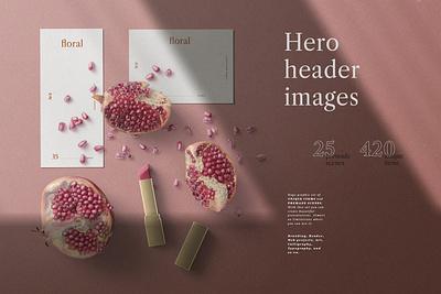 Hero Header Scene With Cards And Pomegranate Mockup Top View stationery