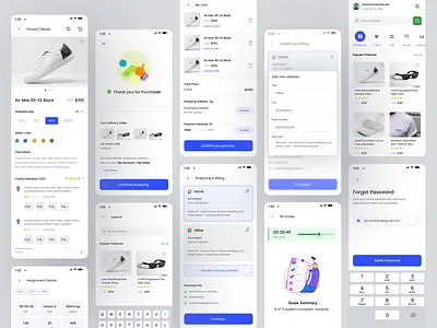 E Commerce Mobile App e commerce home page lms nike app online app online shopping payment page product cart page produt details page search page shoes shoes app design ui