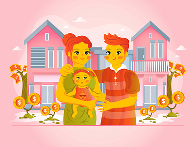 Family Savings and Investment baby background colorful design dollar family graphic design home house illustration investment landscape leaf money orange pink plant saving tree vector