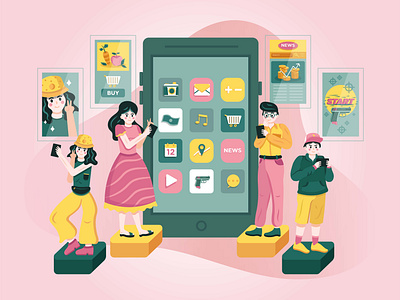 Family Smartphone Addiction addiction artwork background colorful design family games graphic design green icons illustration mobile phone news pink screen selfie shop smartphone vector