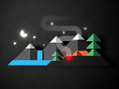 Camping 2d 3d camping design fire graphic design illustration moon mountains nature paper render smoke stars tent waterfall