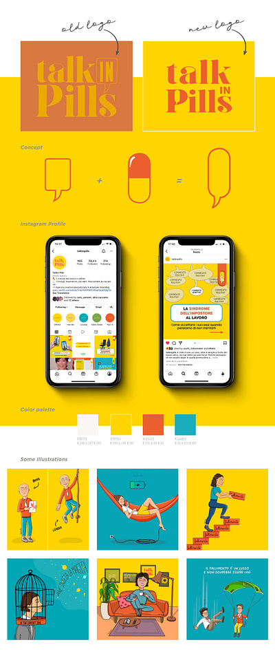 Talkin Pills - Restyling logo and brand identity, illustration brand identity branding feed illustration instagram logo palette restyling social media