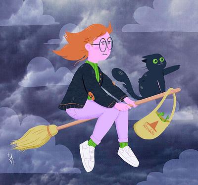 witchy errands black cat halloween illustration procreate witch