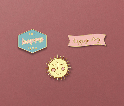 Happy Day Apparel Pins branding design enamel enamel pins happy happy club happy day happy day apparel illustration pin pins sun type