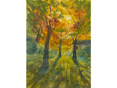 Autumn sun (Watercolor) autumn colors fall fineart illustration impressionist landscape painting magical orange painting trees watercolor watercolor painting