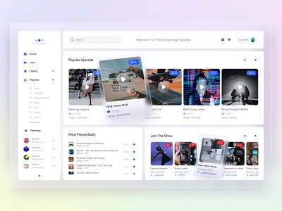 Streaming Platform Landing Page aurora clean glassmorphism landing page layout liquid glass liquid glass apple live logo modern music nav bar navigation play streaming transparent ui design ux design video white