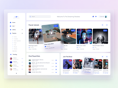 Streaming Platform Landing Page aurora clean glass glassmorphism landing page layout live logo modern music nav bar navigation play streaming transparent ui design uiux ux design video white