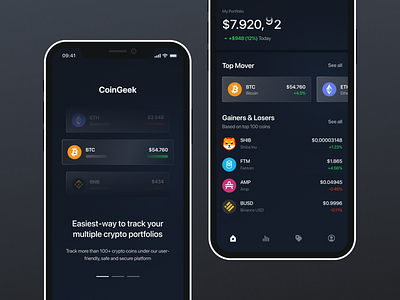 CoinGeek - Cryptocurrency Wallet App app bitcoin blockchain clean crypto crypto wallet cryptocurrency dark dark mode design etherium exchange investment minimalist mobile design trading ui ux wallet