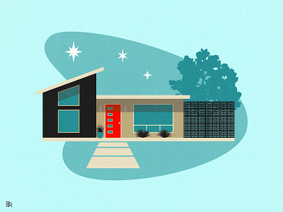 Mid-Century House #1_BRD_8-28-22 architecture atomic ranch design home house illustration illustrator mid-century mid-century modern retro vintage