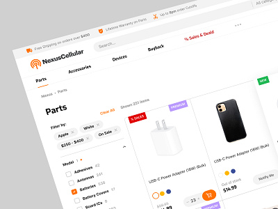 Catalog page / Parts / Nexus Cellular shop accessories canada carriers catalog catalogpage cellular design homepage logo magento megento2 nexus orange parts phones shop store ui ux web