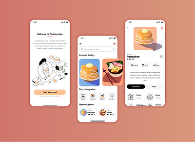 Recipe app 2d app cooking design food graphic design illustration pancakes peach ramen vector